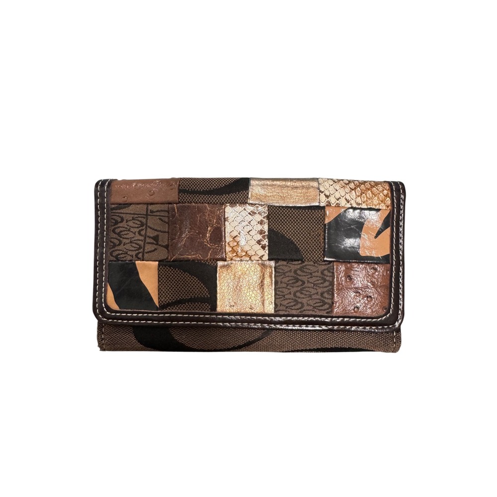 Coach Patchwork Monogram Tri-fold Wallet Brown Mixed Texture